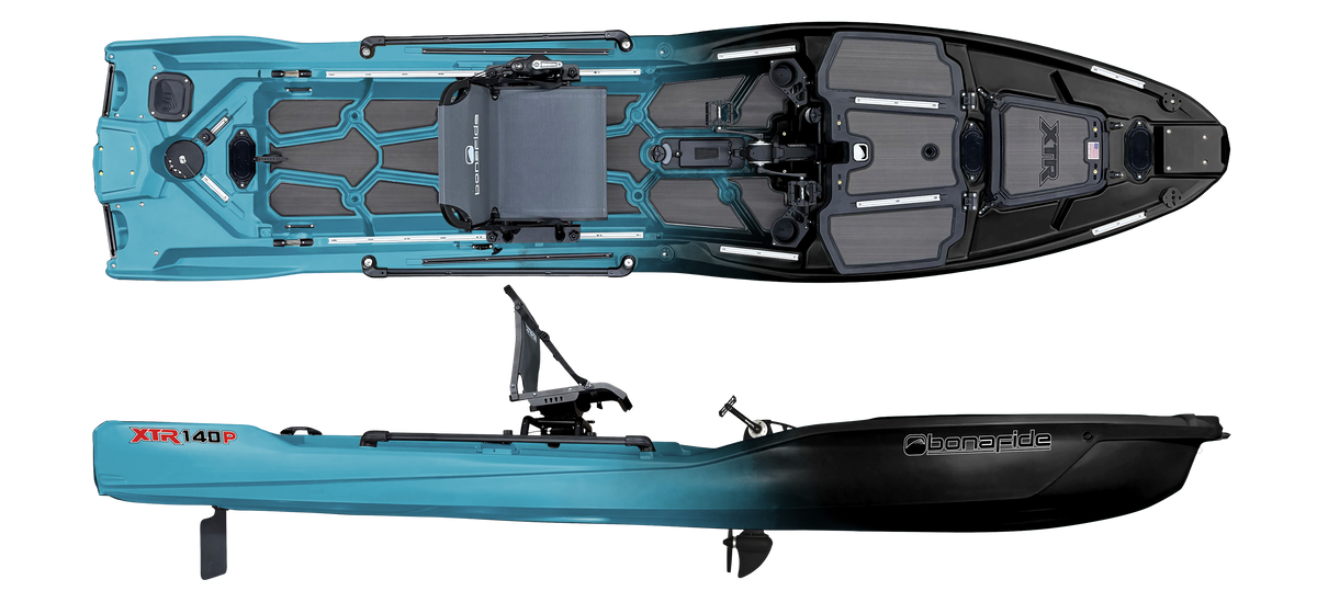 Bonafide XTR140P in Blackwater Blue, top and side views — official manufacturer preview rendering